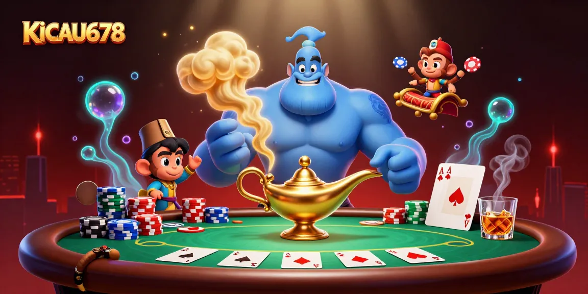 KICAU678 showcases a vibrant 3D cartoon scene of a genie and monkey surrounded by poker chips and casino elements.