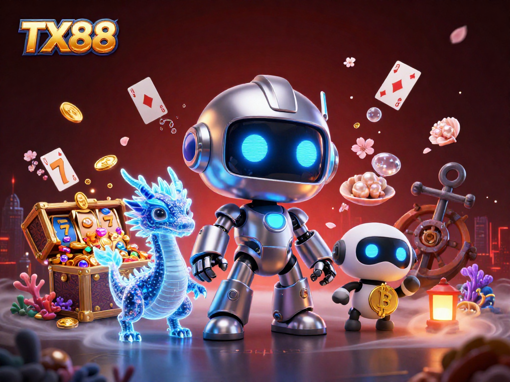 Experience the excitement of TX88 with a dynamic casino scene featuring vibrant game elements and engaging characters.