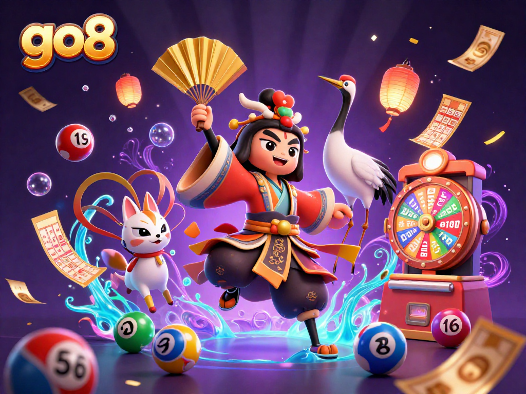 Play thrilling games at go8, where kabuki warriors and vibrant slots collide in a dazzling casino scene.