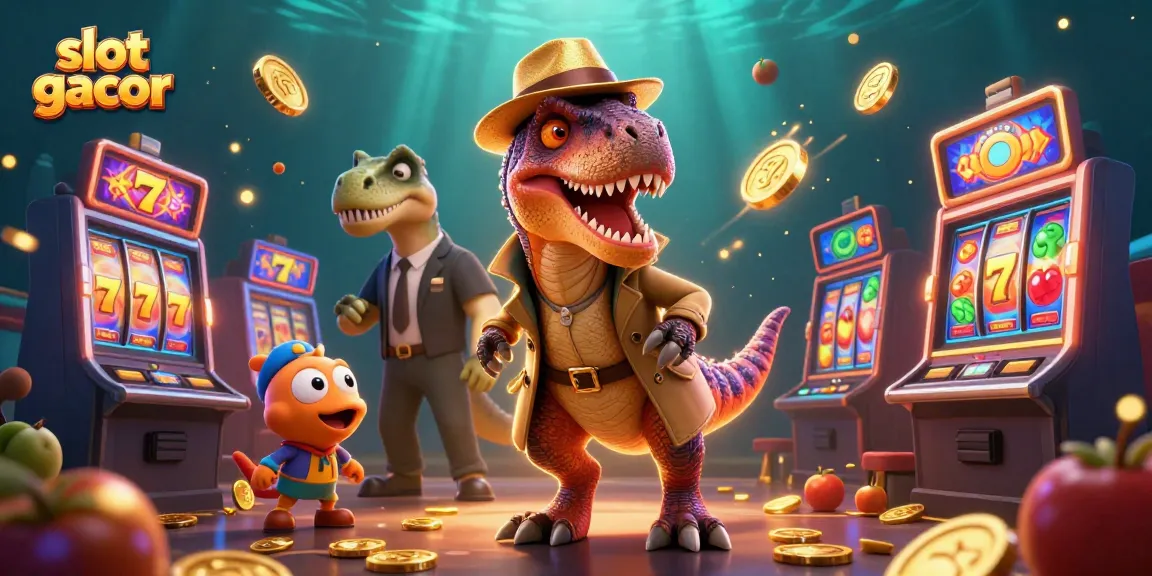 Experience the thrill of slot gacor with a cartoon velociraptor at a slot machine surrounded by vibrant casino elements.