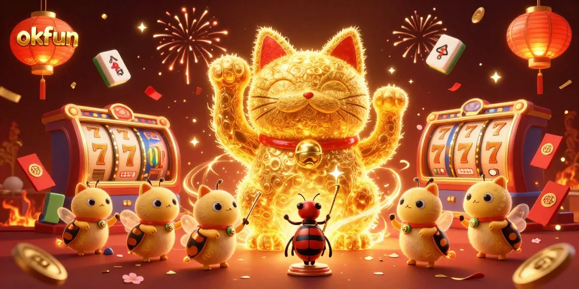 Experience the thrill of playing at okfun with a vibrant casino scene featuring animated lucky symbols.