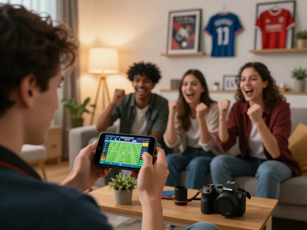 Individual placing bets on keonhacai5 while enjoying a sports event at home, surrounded by cozy atmosphere and light snacks.