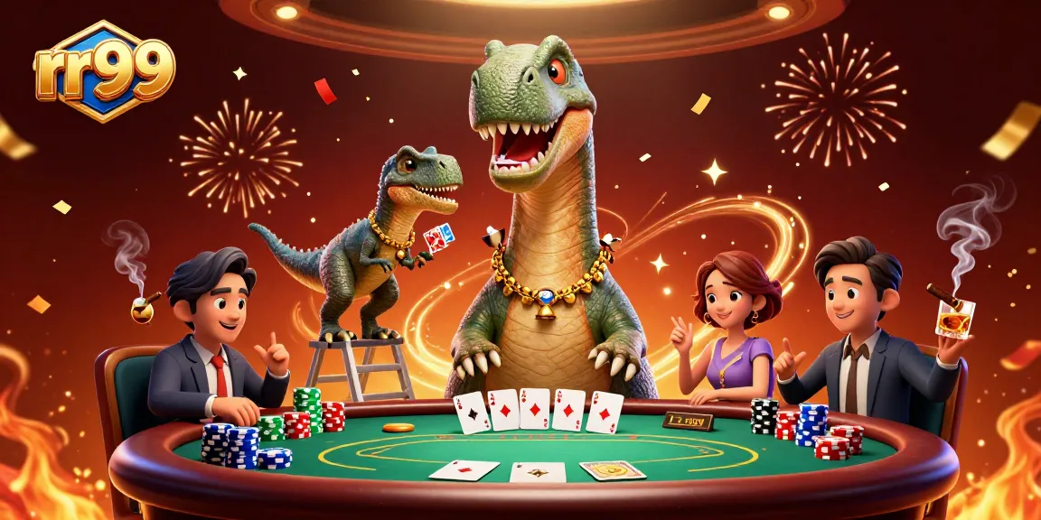 Cartoon illustration of rr99 casino with a brontosaurus and clever raptor dealing cards.