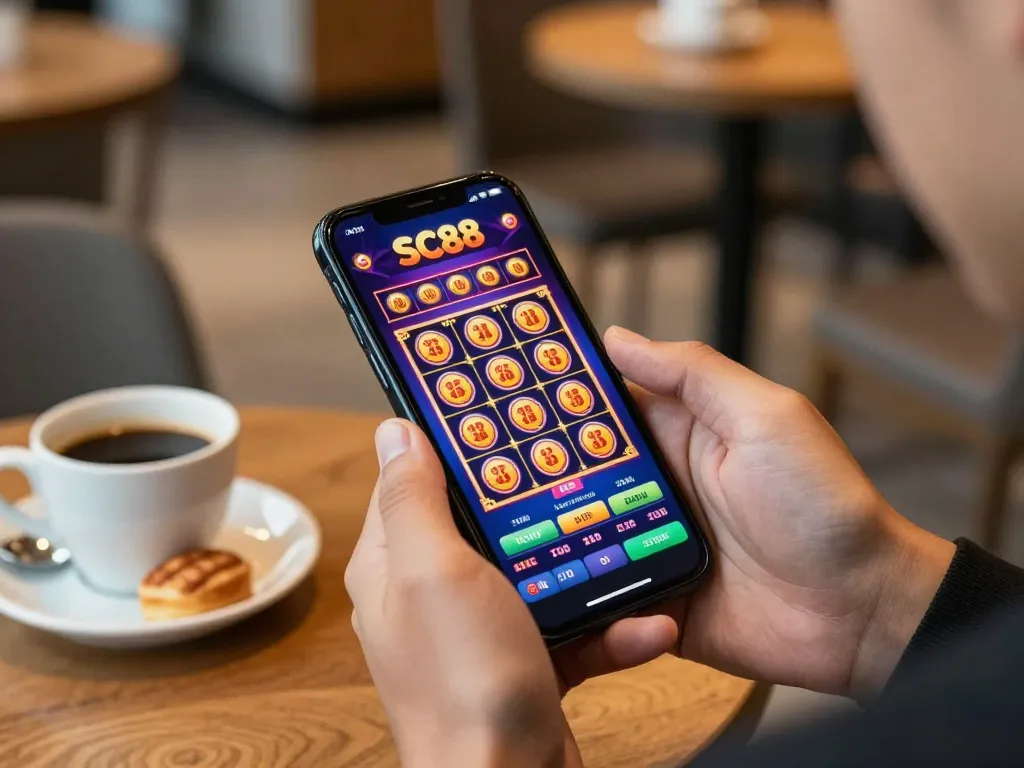 Player engaging with sc88 app on smartphone, showcasing vibrant casino games interface in cozy setting.
