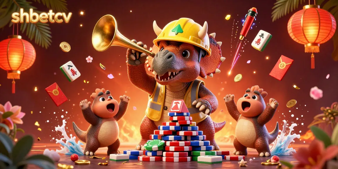 shbetcv brings excitement with triceratops building poker chips and cheering companions in a vibrant casino scene.