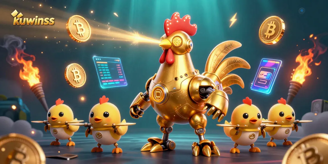 Kuwinss offers thrilling casino experiences with a golden rooster robot and baby chick drones among crypto elements.