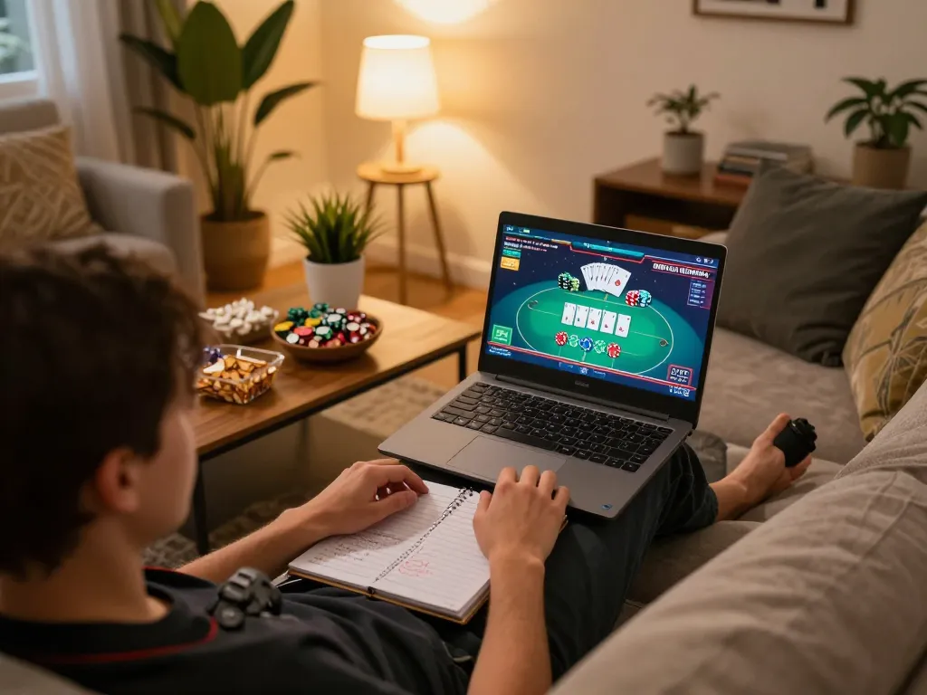 Engaging in responsible gaming with link go99 at home gaming setup seen on laptop screen.