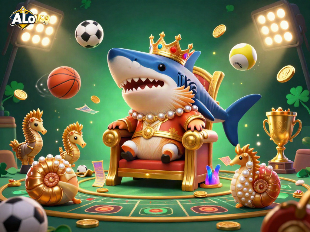 Join the exhilarating world of ALo789 with a vibrant gambling scene featuring a hamster king and royal guards amidst sports elements.