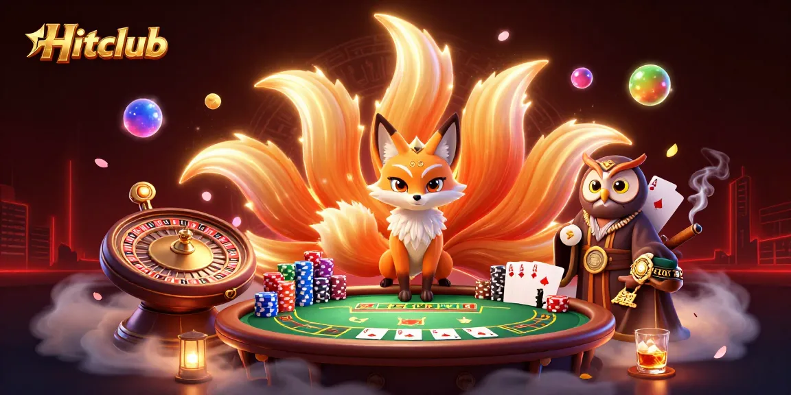 Hitclub showcases a vibrant 3D illustration of a magical fox spirit and owl sage in an exciting live casino environment.