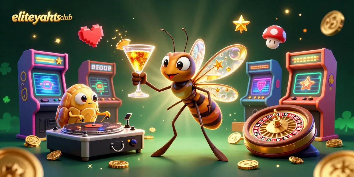 Engage with eliteyachtsclub's vibrant casino scene featuring an animated mosquito mascot and roulette wheel.