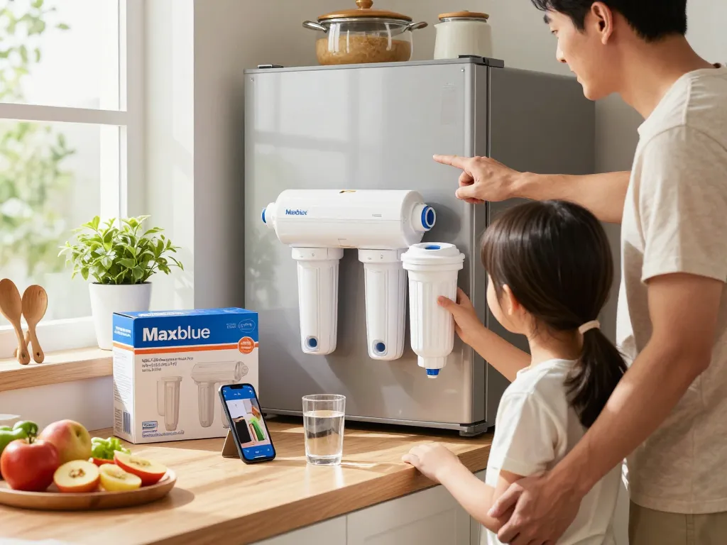 Family replacing the Maxblue MB-F38 Replacement for W10295370A water filter in a bright kitchen.
