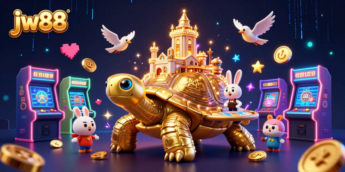 Interact with the vibrant jw88 casino scene featuring a unique tortoise and rabbit dealer.