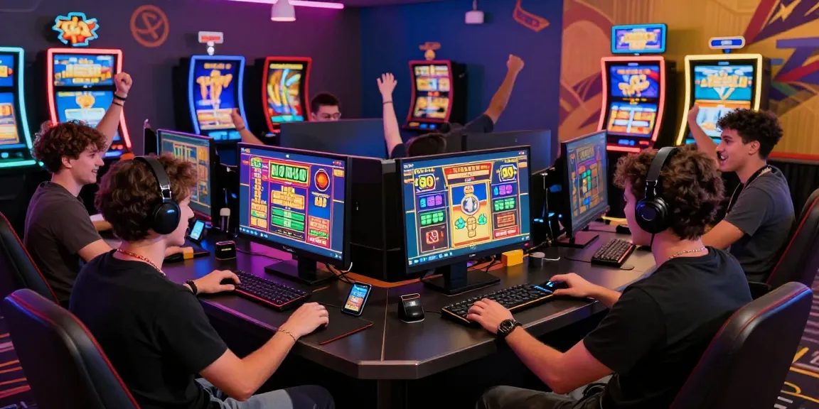 Excited players enjoying slot depo 5000 games in a vibrant online casino setting.