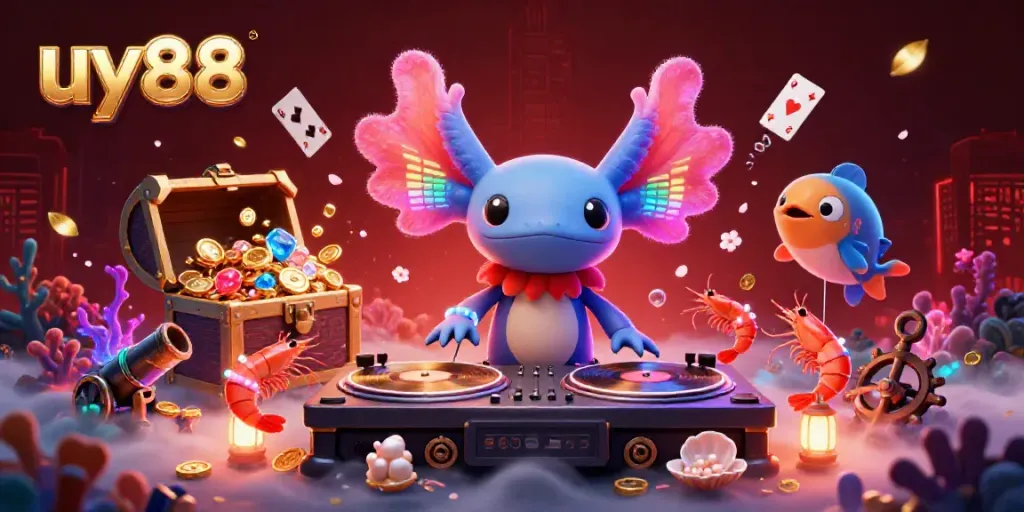 Engage in exciting underwater casino fun with uy88's vibrant casino DJ and dancing creatures.