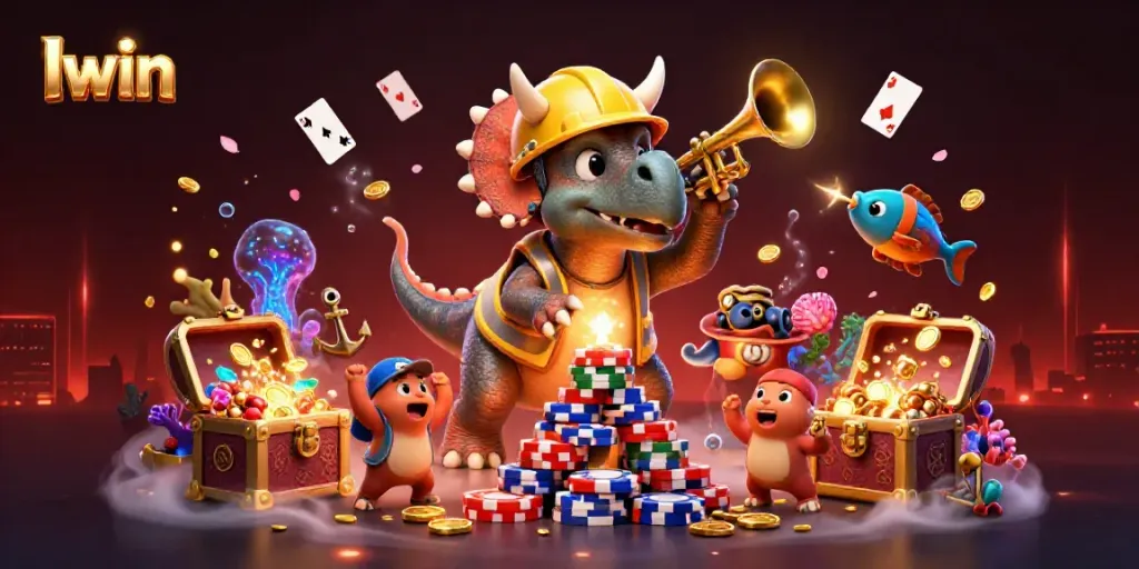 Iwin features a 3D scene with cartoon dinosaurs celebrating around poker chips, enhancing the casino vibe.