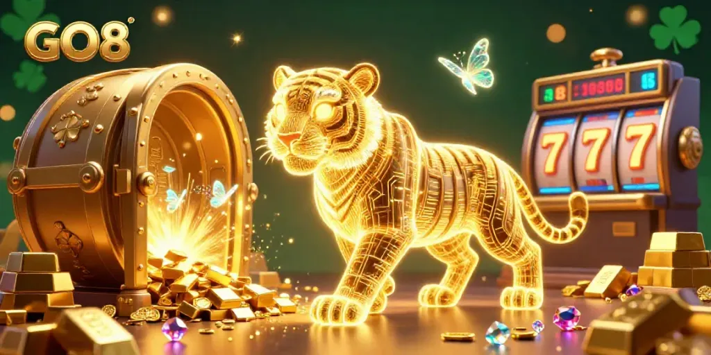Engage with the GO8 casino world filled with vibrant slots and gold treasures in a stunning digital landscape.