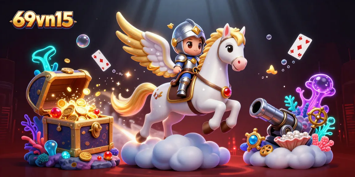 Engage in thrilling casino action with 69vn15 as a celestial knight rides a majestic horse amidst treasures.