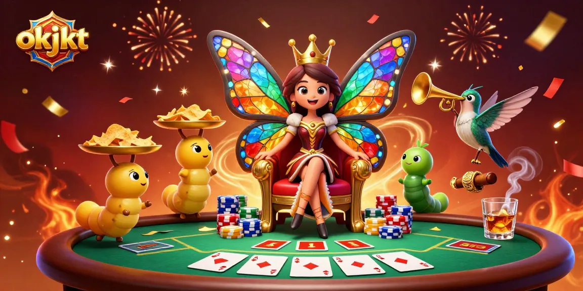 Permainan poker seru dengan okjkt, ratu kupu-kupu, dan cip yang berkilauan.
