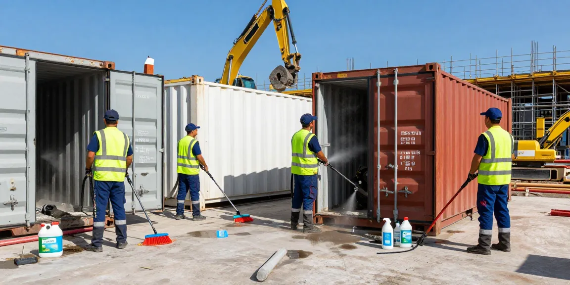 Containerreinigung Dortmund: Professionelles Reinigungsteam auf Baustelle mit Containerreinigungsausrüstung.