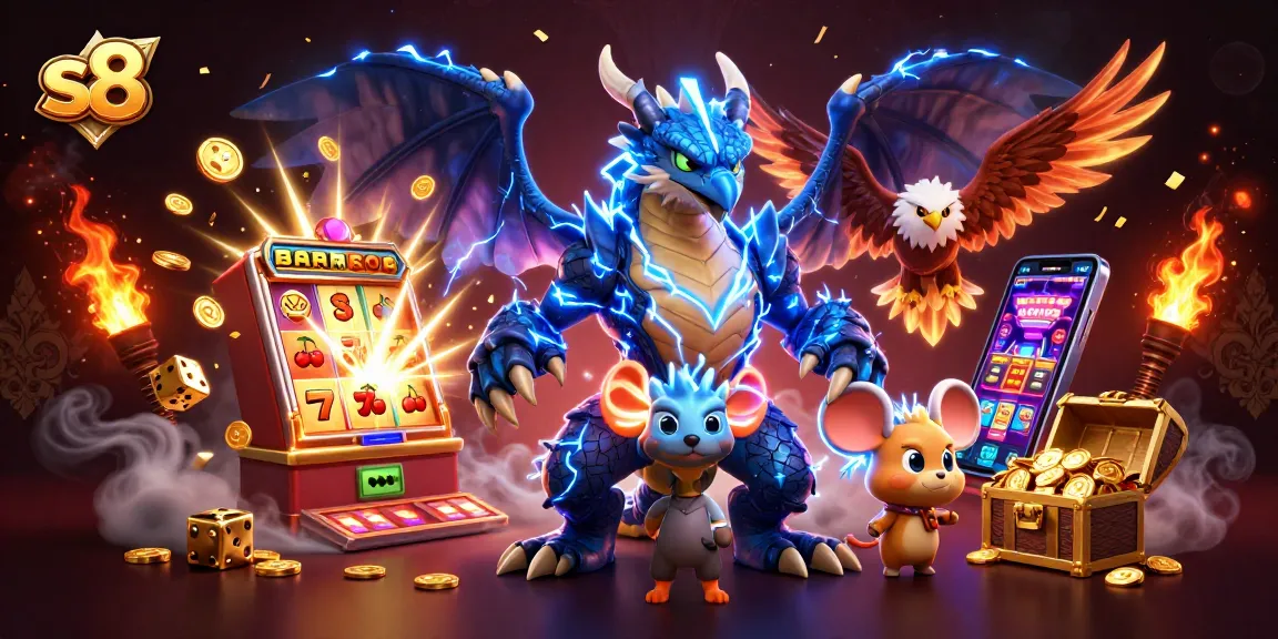 Experience vibrant s8 casino excitement with a thrilling thunder dragon and glowing hawk illustration filled with rich game elements.