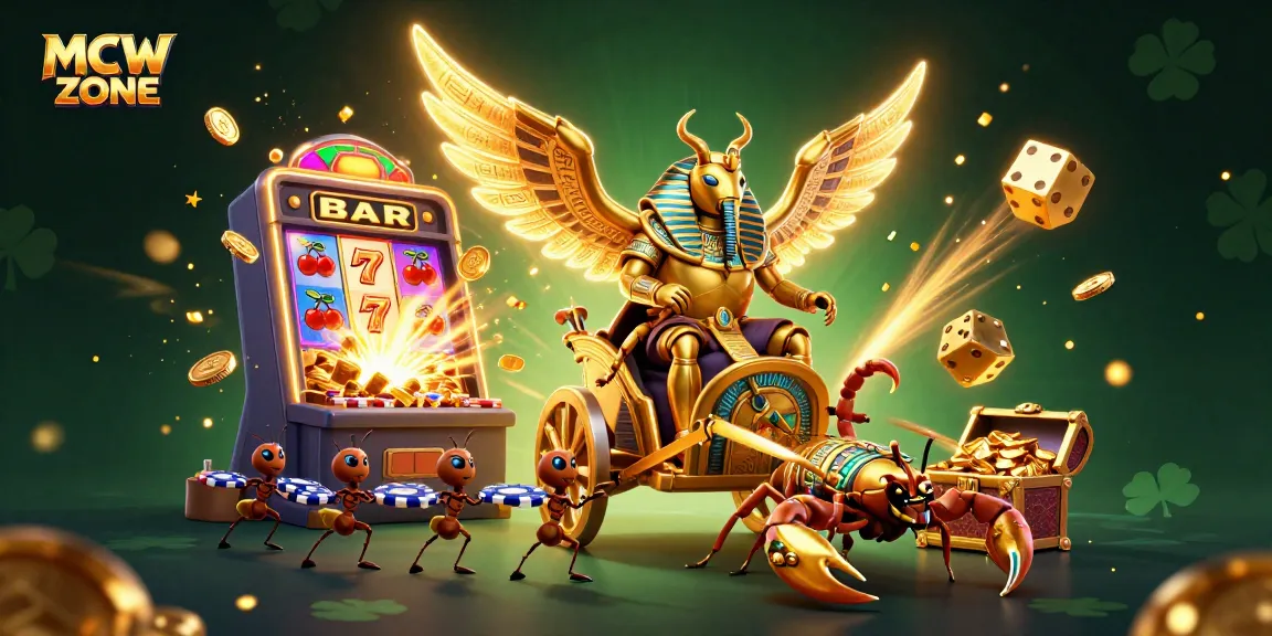 Immerse in the excitement of MCW ZONE, where a pharaoh beetle meets jackpot thrills in this vibrant casino scene.