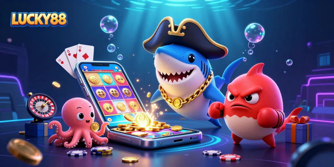 LUCKY88 players enjoy dynamic gaming with a pirate shark, pufferfish, and octopus in a vibrant casino scene.
