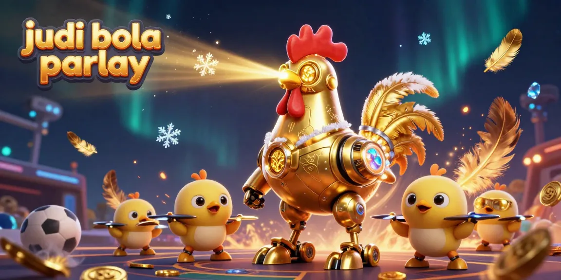 Experience thrilling judi bola parlay action with a golden rooster robot and baby chick drones.