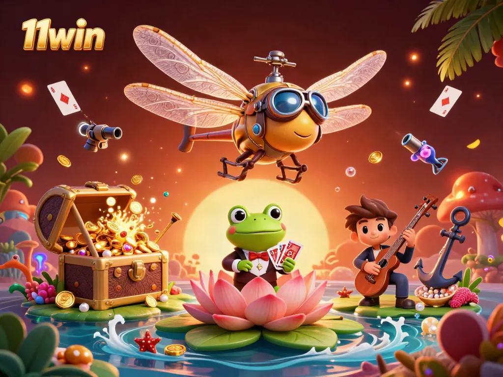 Experience the thrill of 11win with vibrant 3D illustrations of gaming fun and casino action.