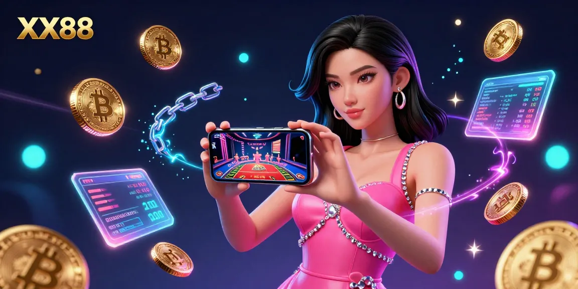 Engage with live dealer games on XX88 featuring dynamic Asian woman in a striking cocktail dress.