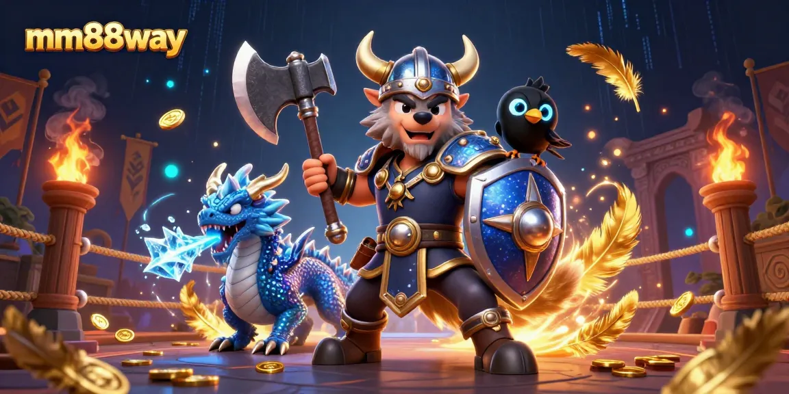 Spin and win with mm88way's vibrant 3D casino-themed illustration featuring a Viking warrior, dragon, and raven.