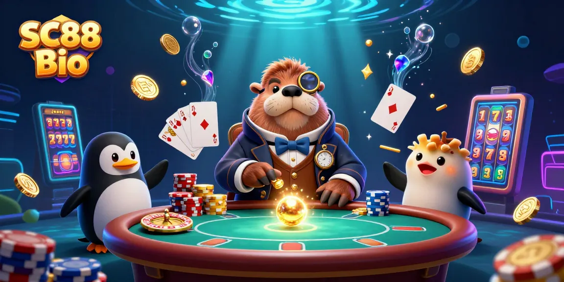 Play thrilling games and win with SC88 Bio's classic casino scene featuring a walrus poker player.