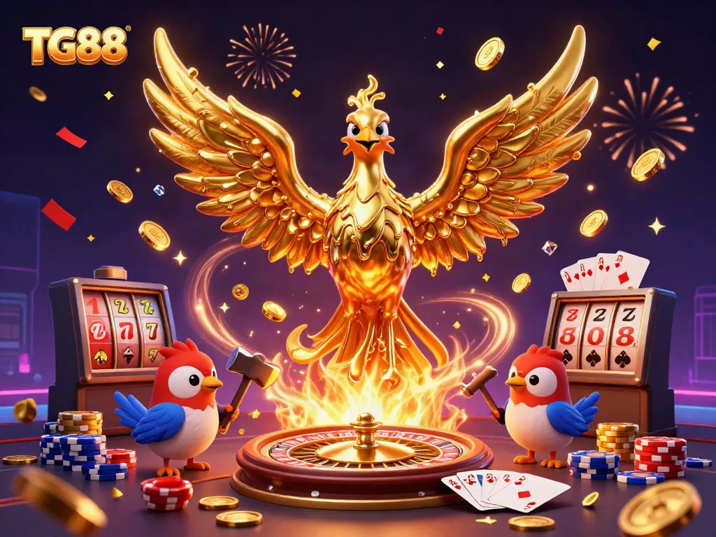 Experience the thrill with TG88 as a dynamic golden phoenix leaps from molten metal, surrounded by casino excitement.