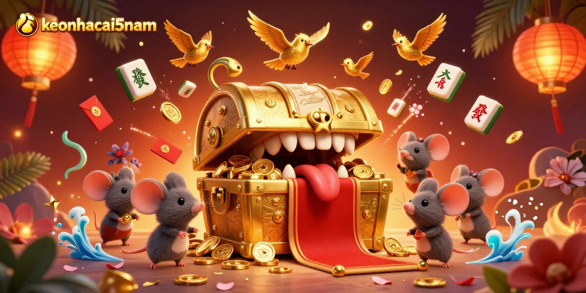 Engage in thrilling action with keonhacai5nam featuring a treasure chest and festive elements.