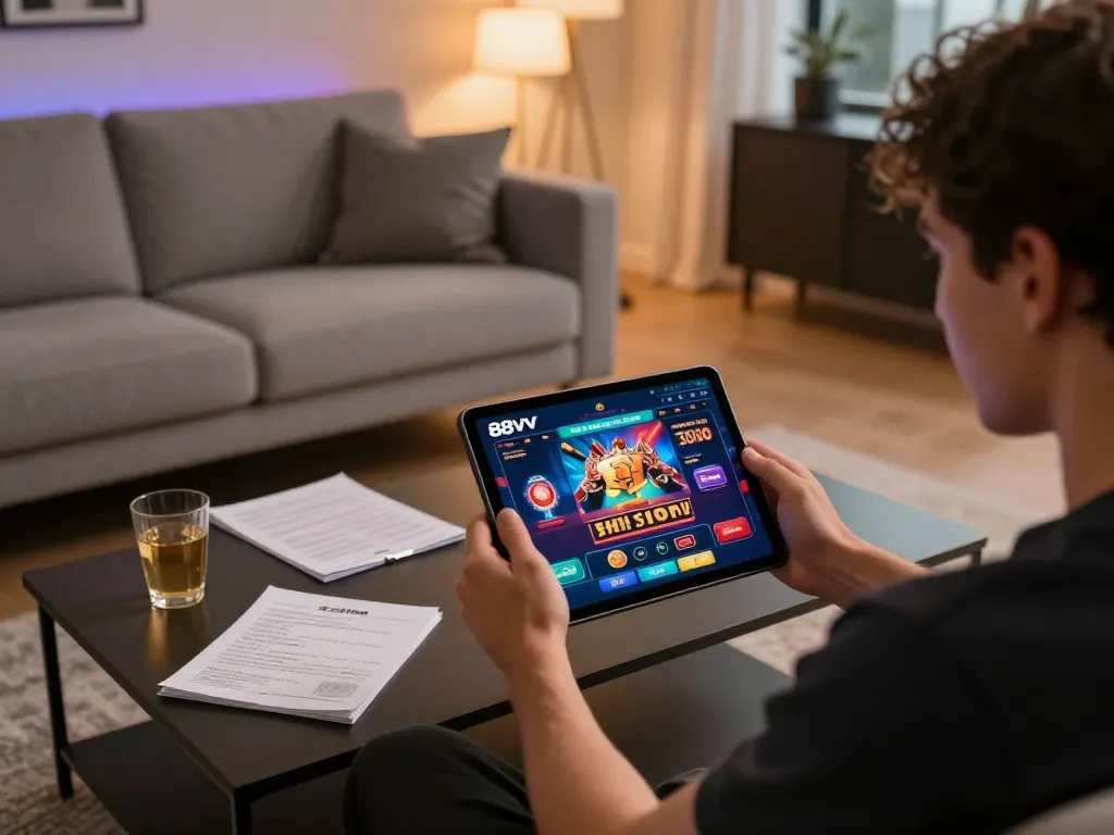 Engaged player using 88vv app on tablet in cozy gaming setup, showcasing strategic online gambling.