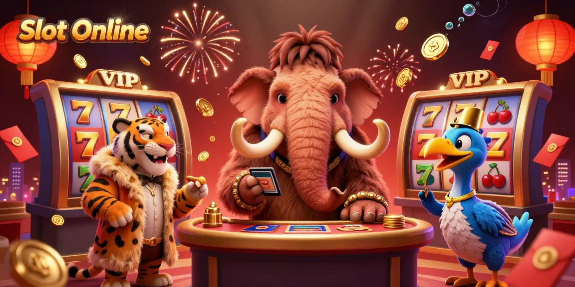 Experience thrilling Slot Online action in a vibrant casino scene featuring a woolly mammoth bouncer and a saber-tooth guest.