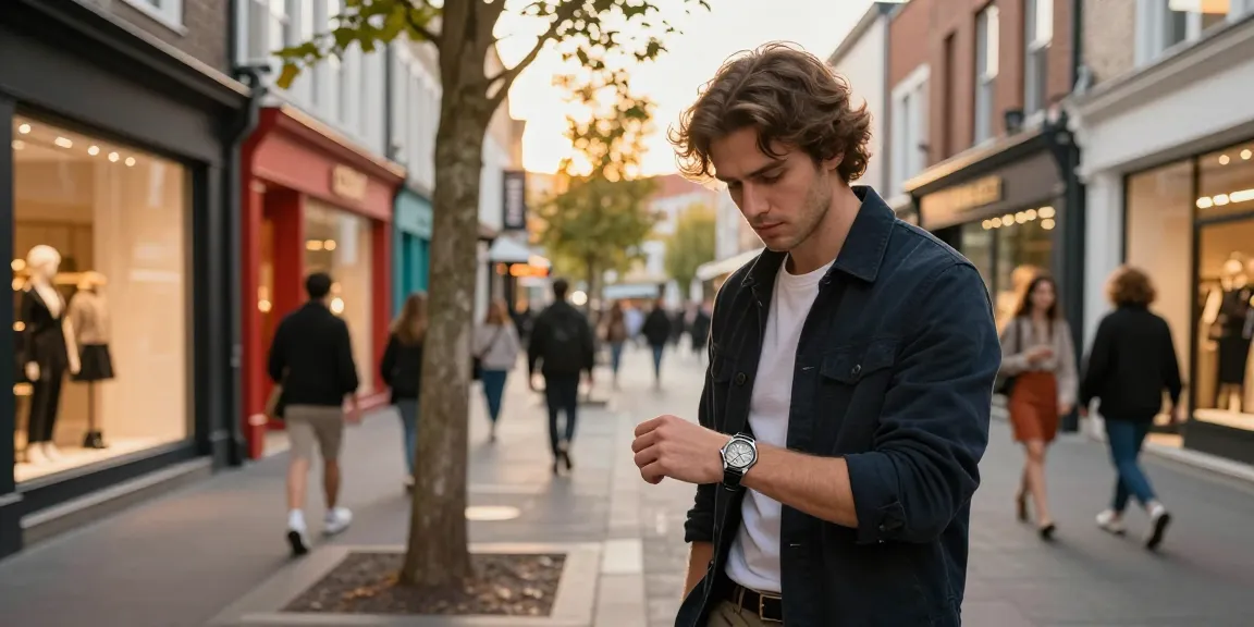 Fashionable individual showcasing a luxury replica watch in a vibrant urban street environment.