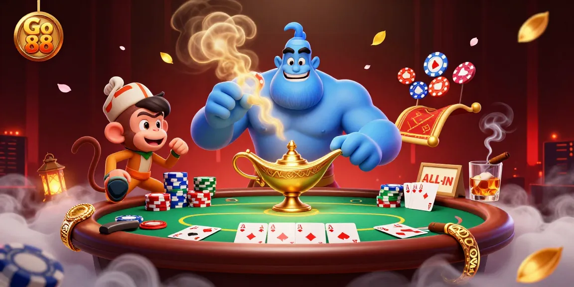 Experience the thrill of Go 88 with this vibrant casino scene featuring a blue genie, monkey, and rich game elements.