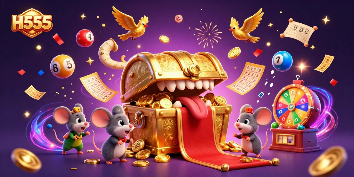 Experience winning with H555 at this vibrant casino-style illustration showcasing dynamic games and excitement.