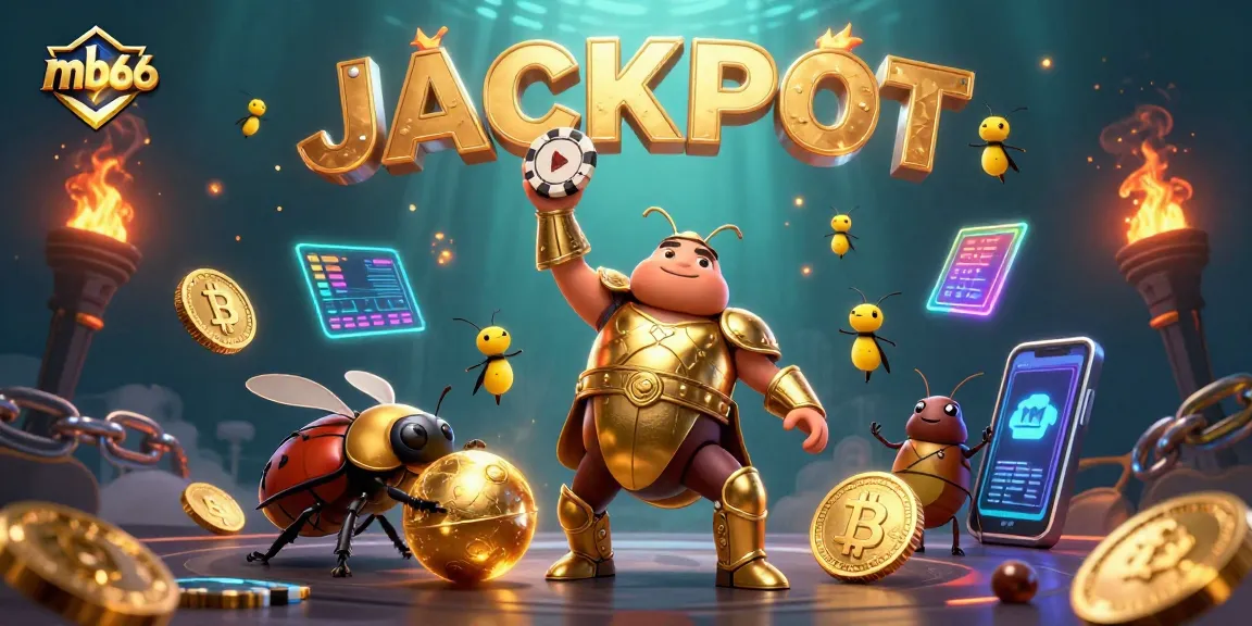 Experience the excitement of mb66 with a cartoon illustration showcasing a hercules beetle in a casino triumph.