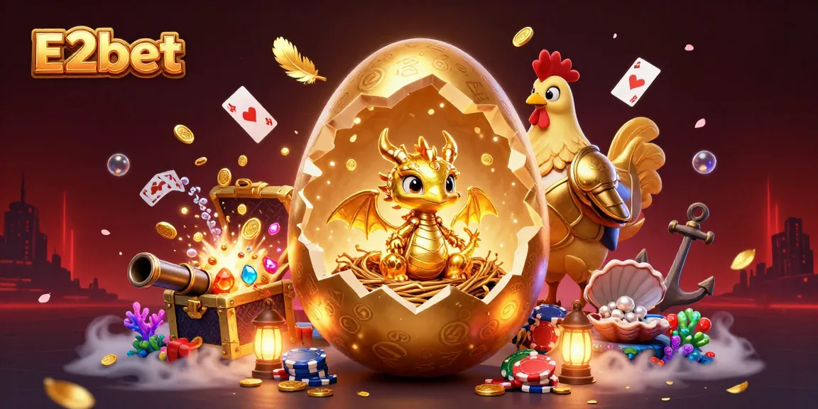 Experience E2bet's exciting gaming world with a golden dragon amidst poker chips and treasure.