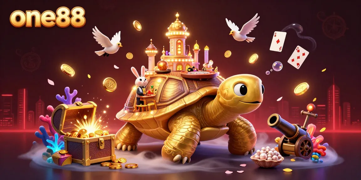 Experience thrilling gameplay at one88 with a captivating 3D illustration featuring a golden tortoise casino and a rabbit dealer.