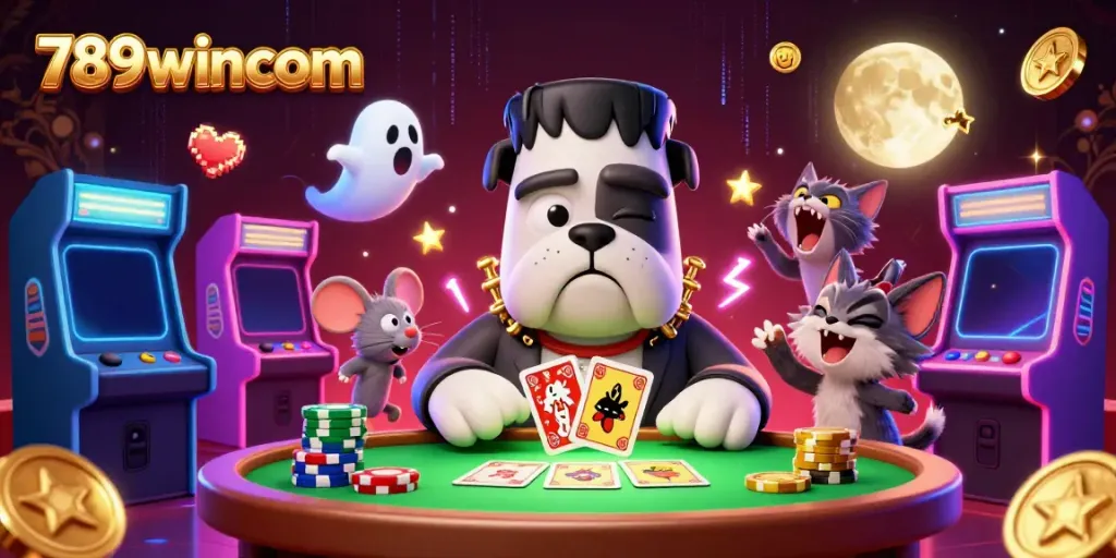 Experience thrilling gameplay with the 789wincom casino, featuring a Frankenstein bulldog dealer and glowing game elements.
