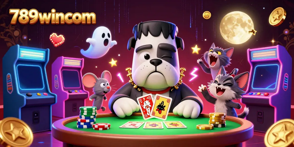 Experience thrilling gameplay with the 789wincom casino, featuring a Frankenstein bulldog dealer and glowing game elements.