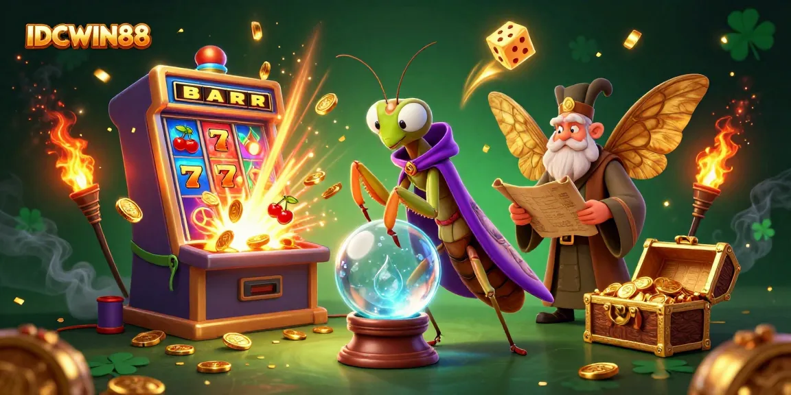 IDCWIN88 fortune teller engages in playful casino gaming, showcasing vibrant slot machines and colorful games.