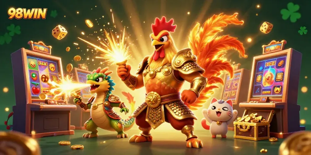 Unleash excitement with 98WIN's vibrant casino scene, featuring dynamic characters and jackpot visuals.