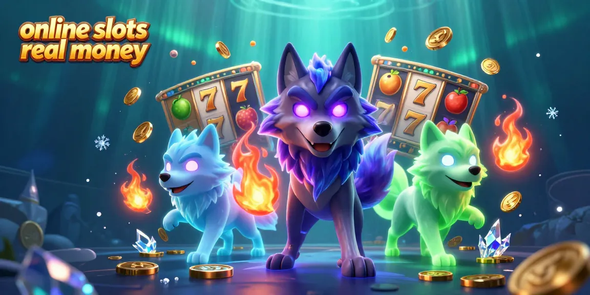 Engage with online slots real money in a dynamic 3D scene featuring cartoon wolves and slot game elements.
