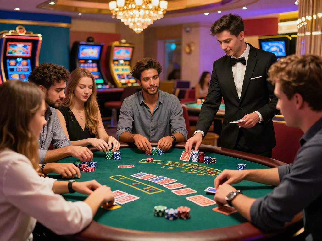 Excited players enjoying a Casino sans Depot blackjack game in a vibrant atmosphere.