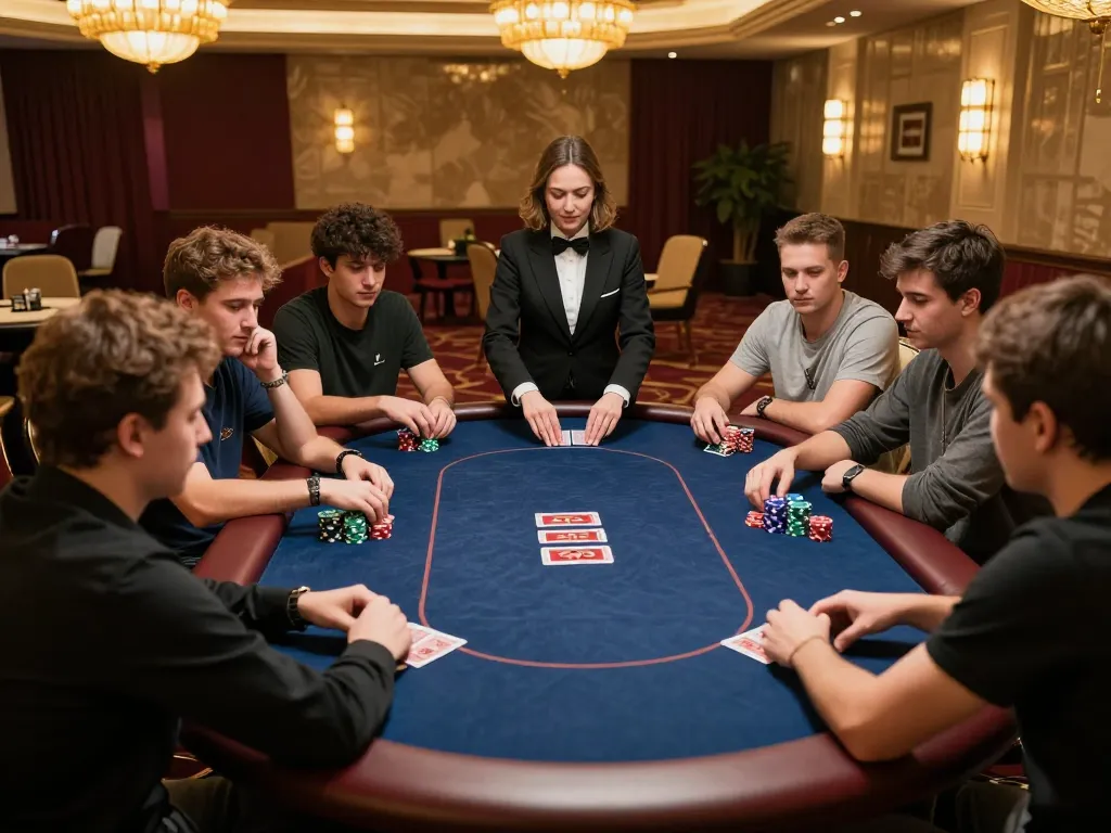 Players strategizing in an intense poker game at LC88's upscale casino venue.