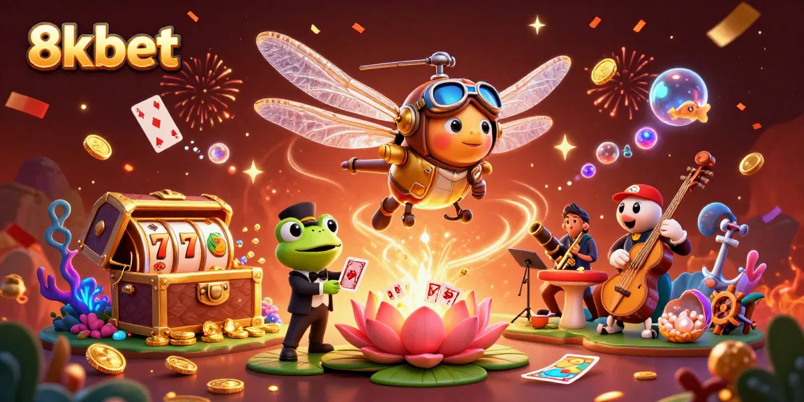 Experience thrilling gameplay and casino excitement with 8kbet's vibrant 3D illustration showcasing dynamic characters and rich casino elements.