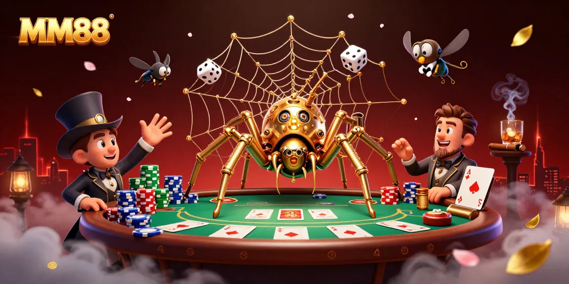 MM88 engages players with a dynamic steampunk-themed poker scene featuring a golden spider, exciting game elements, and rich visuals.